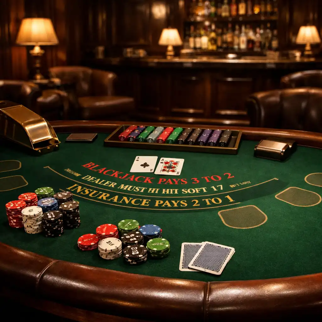 Table de blackjack avec cartes et jetons dans un salon feutré
