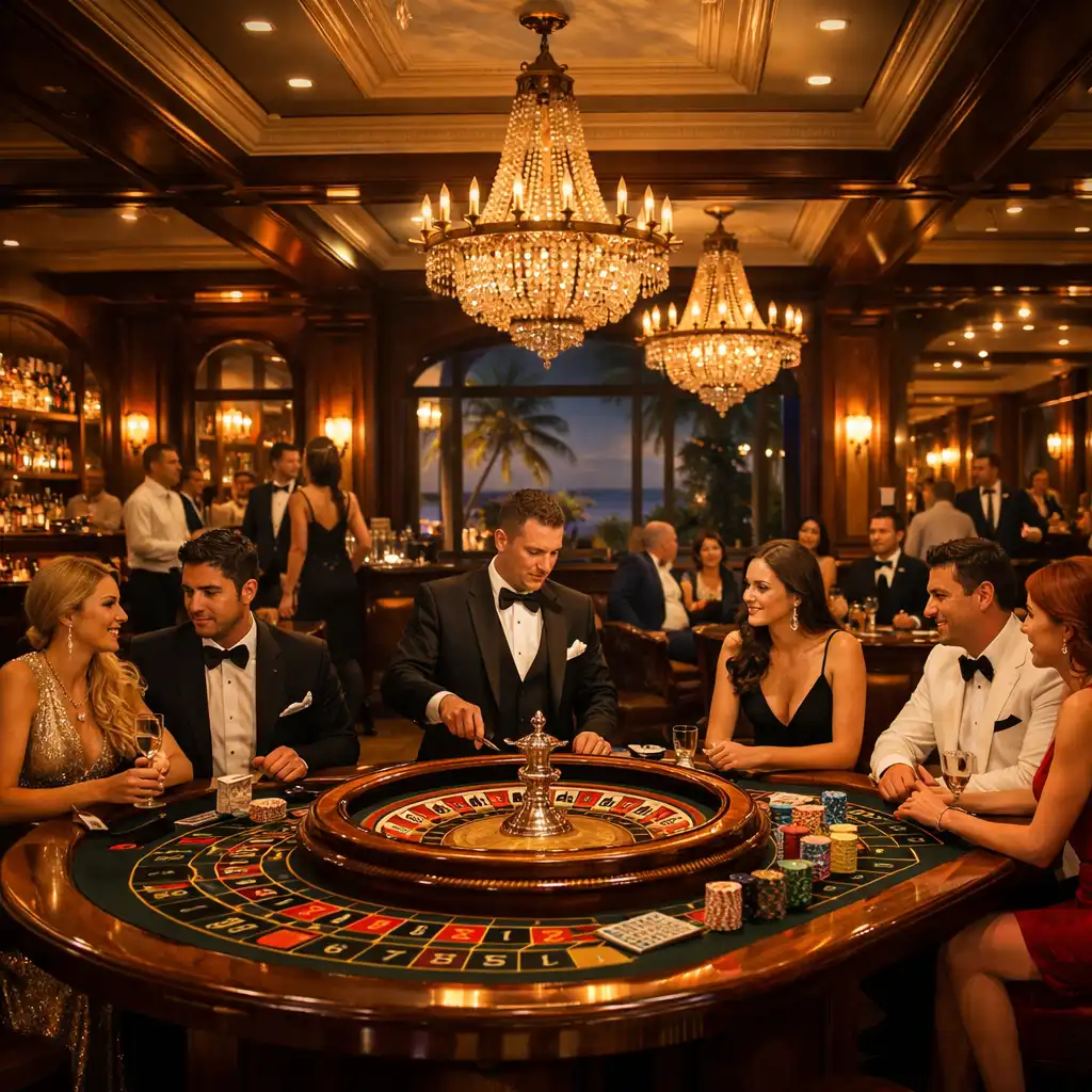 Vue d'ensemble du casino lounge avec la table de roulette et une ambiance chaleureuse