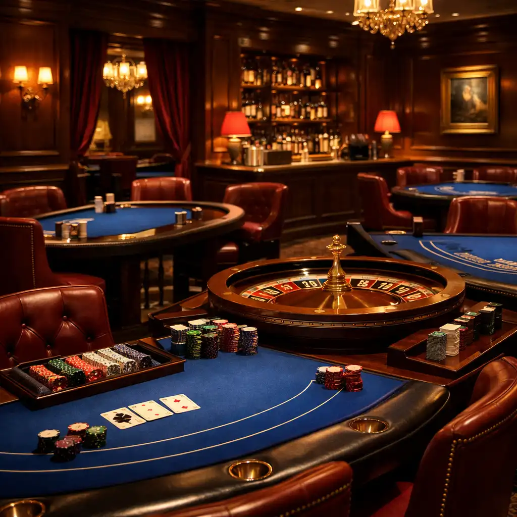 Table de blackjack dans le casino lounge avec tapis vert, jetons colorés et fauteuils en cuir