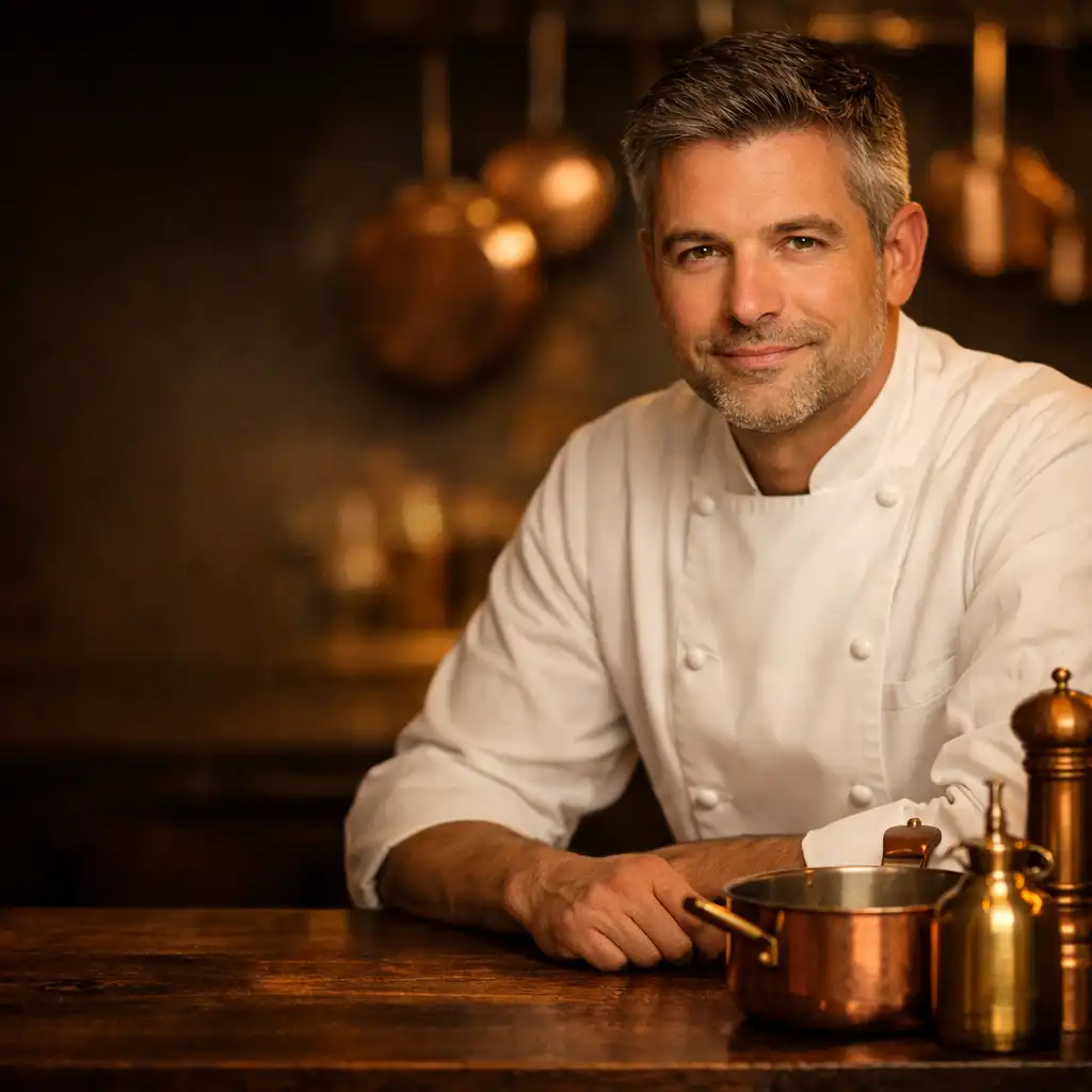 Portrait du chef Julien Moreau dans sa cuisine, vêtu d'une veste blanche, souriant légèrement