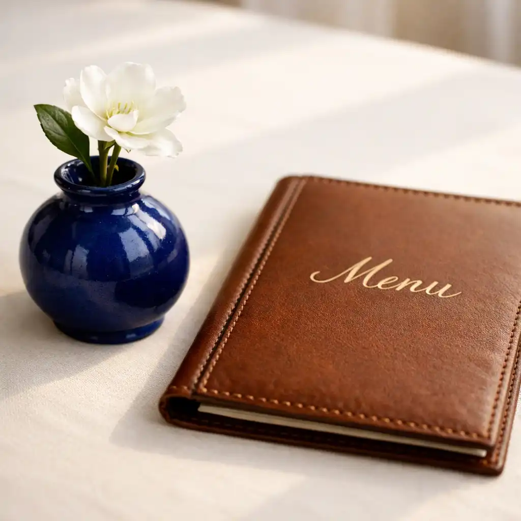 Vase en céramique cobalt avec une fleur blanche sur une table de restaurant