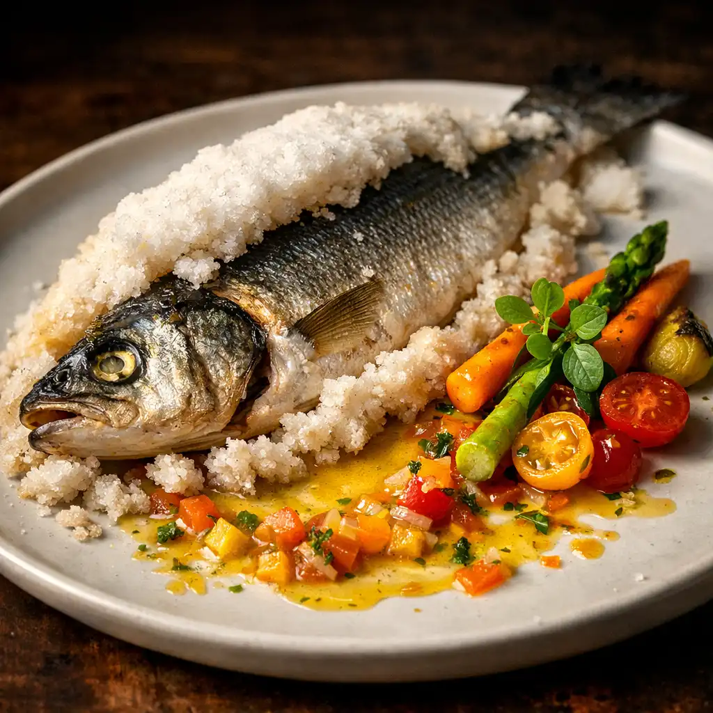 Loup de Méditerranée en croûte de sel avec sauce vierge aux agrumes