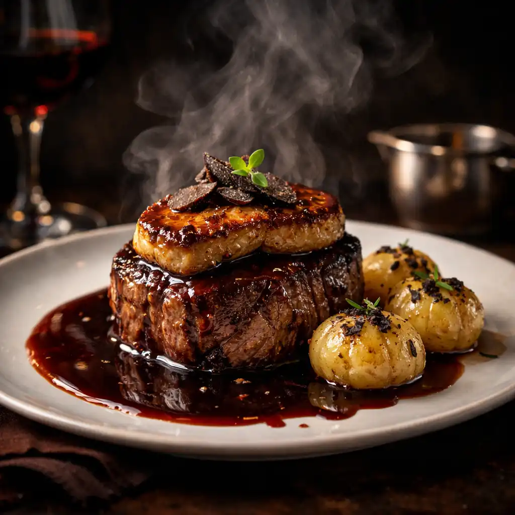 Filet de bœuf Rossini avec escalope de foie gras poêlée et pommes truffées