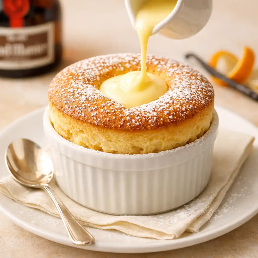 Soufflé au Grand Marnier servi avec crème anglaise