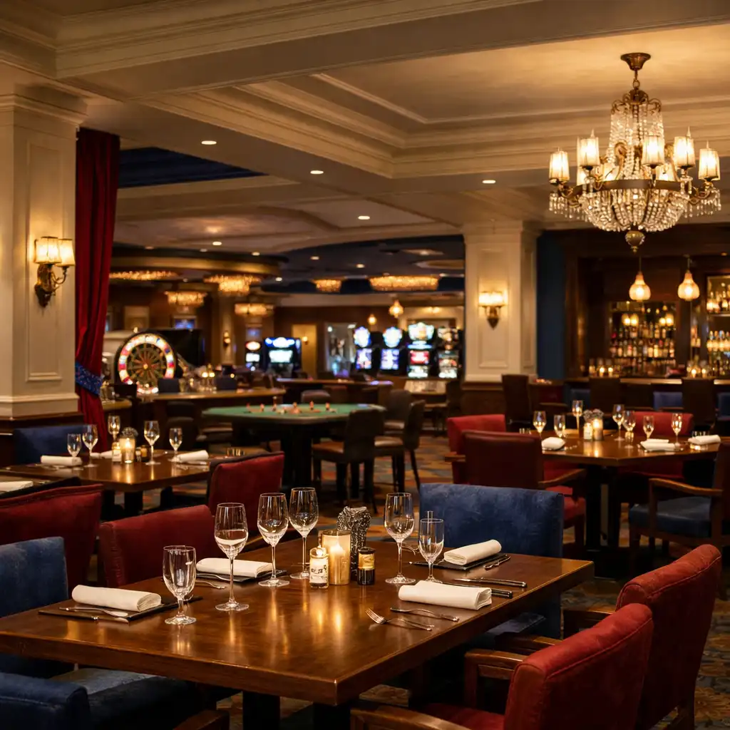 Vue immersive du restaurant et du casino lounge combinés, éclairage chaleureux