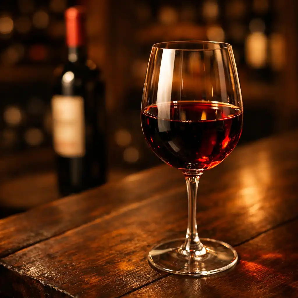 Verre de vin rouge sur une table en bois sombre