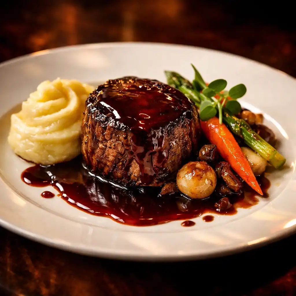 Filet de bœuf avec sauce au vin rouge, légumes glacés et purée de pommes de terre