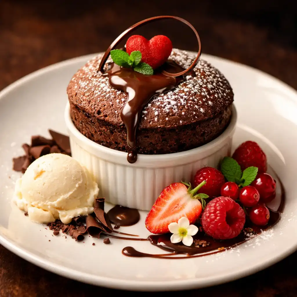 Soufflé au chocolat avec décoration délicate et fruits rouges