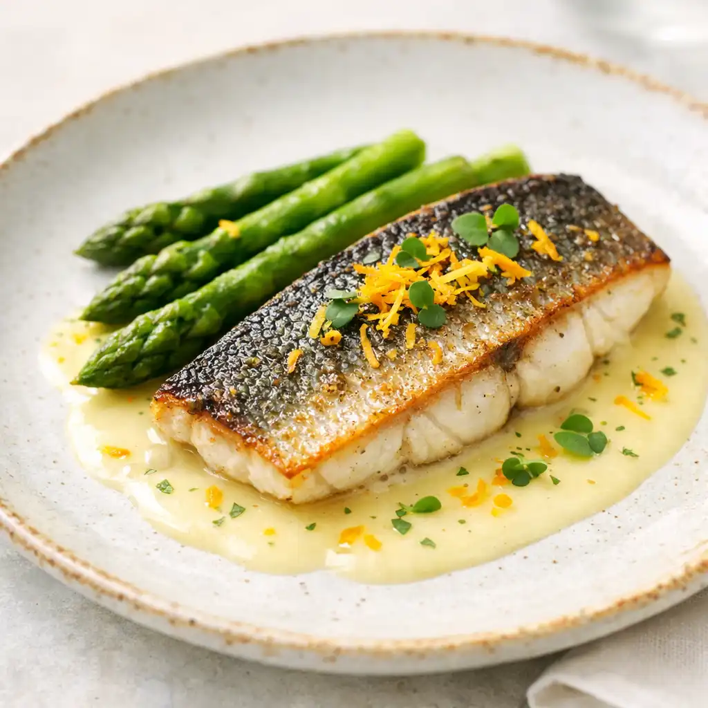 Filet de loup de mer avec sauce au beurre blanc, asperges et zestes d'agrumes