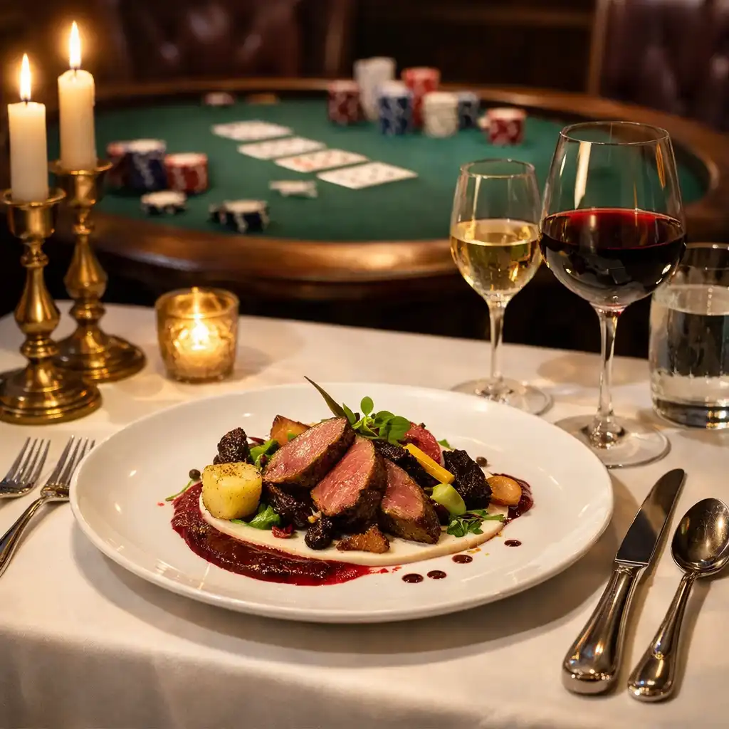 Table gastronomique élégante avec vue sur une table de poker en arrière-plan