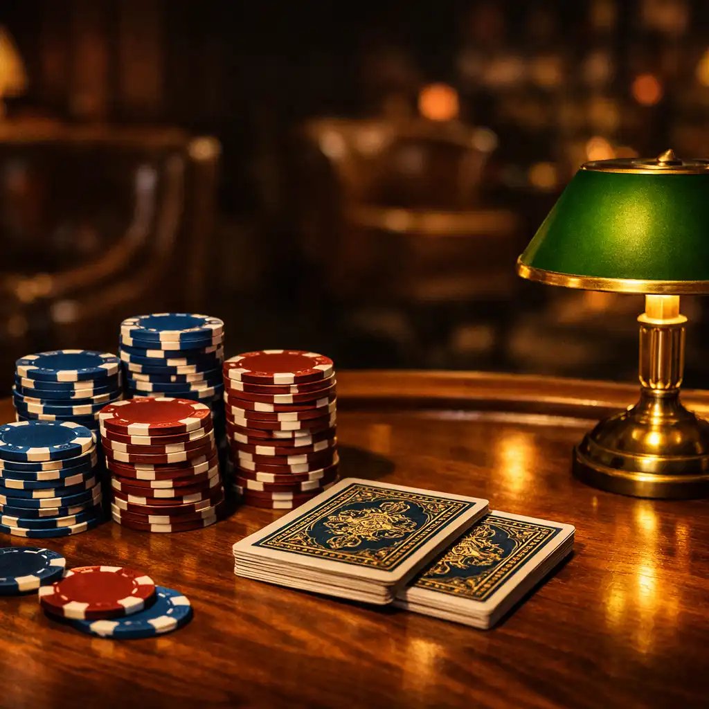 Table de poker élégante avec jetons cobalt et burgundy dans un lounge tamisé