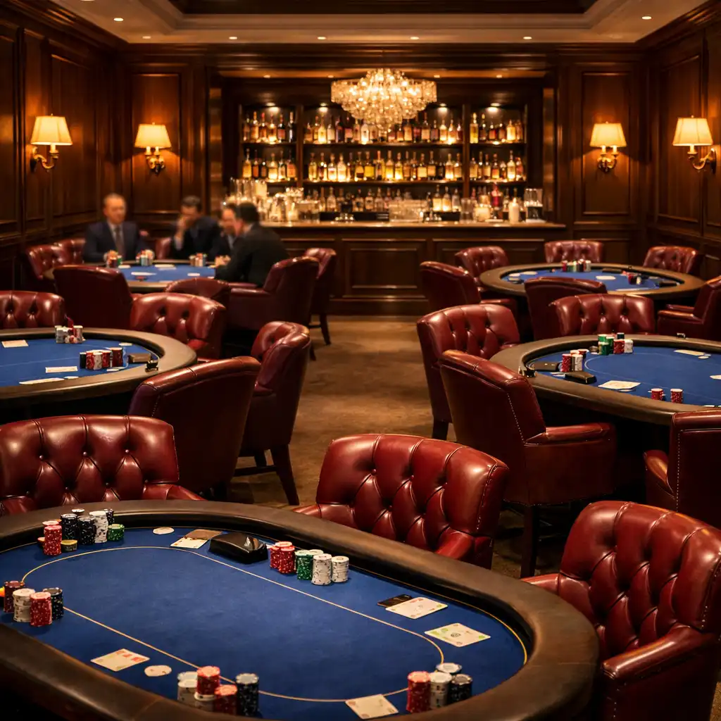 Salon de poker privé avec fauteuils en cuir bordeaux et lumière chaleureuse