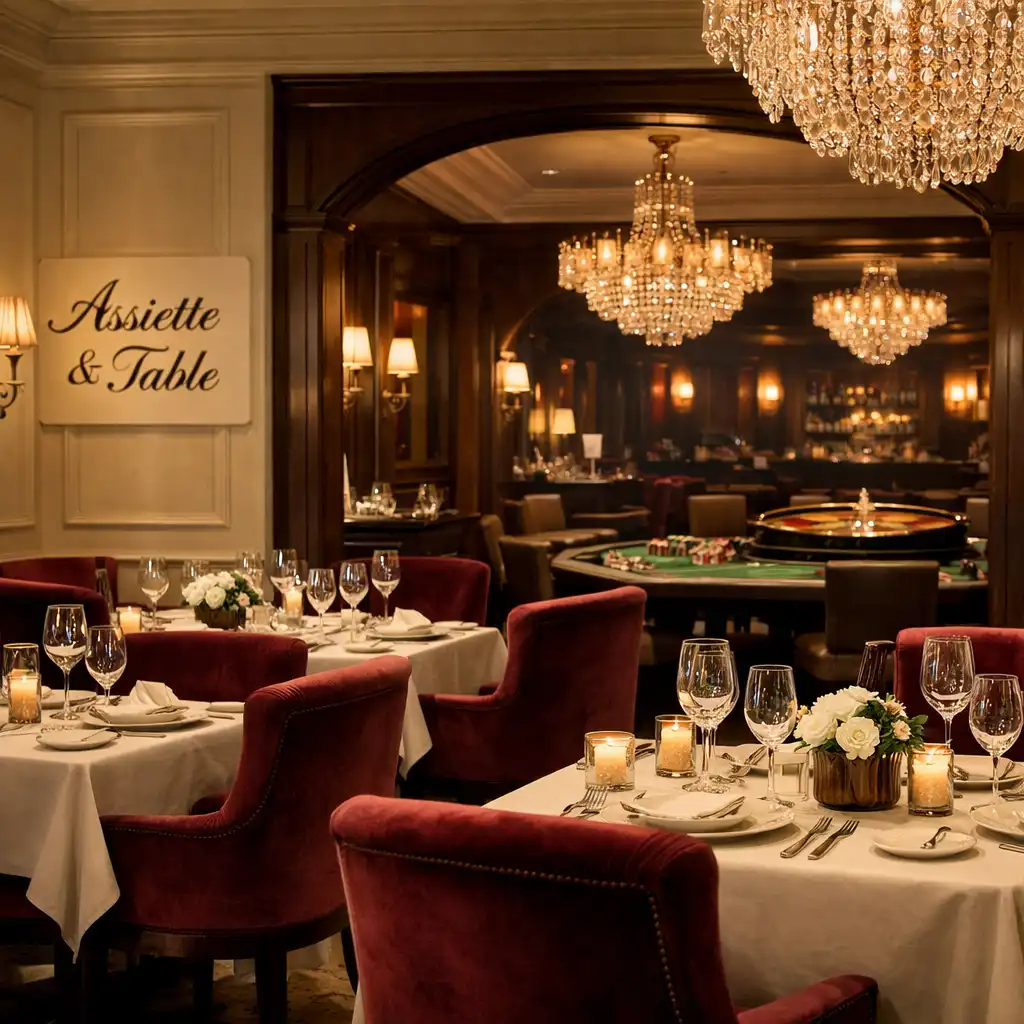 Vue de l'intérieur du restaurant Assiette & Table avec tables dressées et ouverture vers le casino lounge