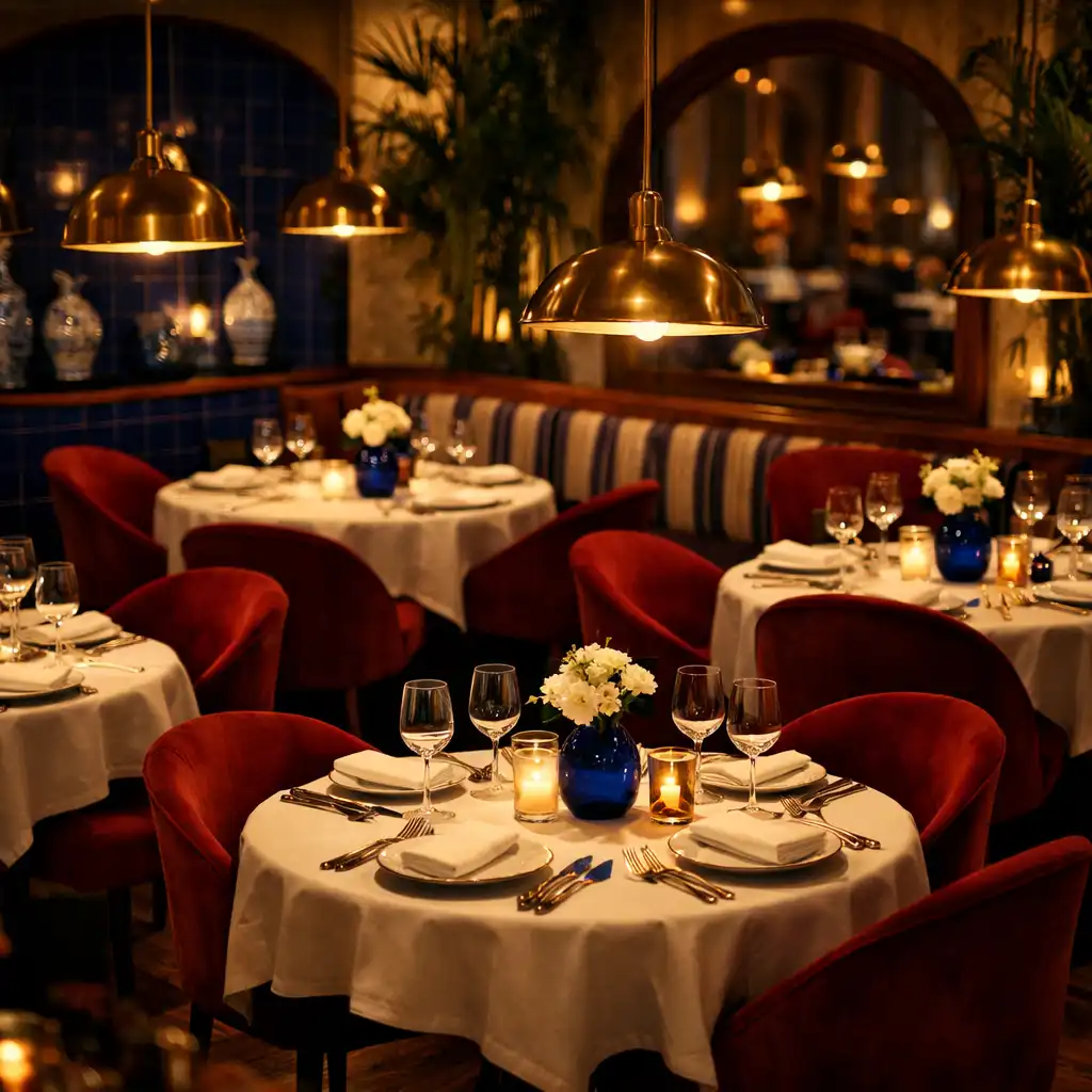 Salle du restaurant Assiette & Table avec tables dressées, chaises en velours bordeaux et éclairage chaleureux