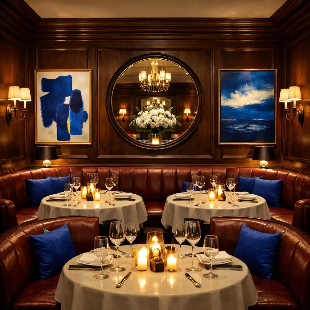 Salle à manger du restaurant Assiette & Table avec boiseries sombres, banquettes en cuir bordeaux et bougies sur les tables