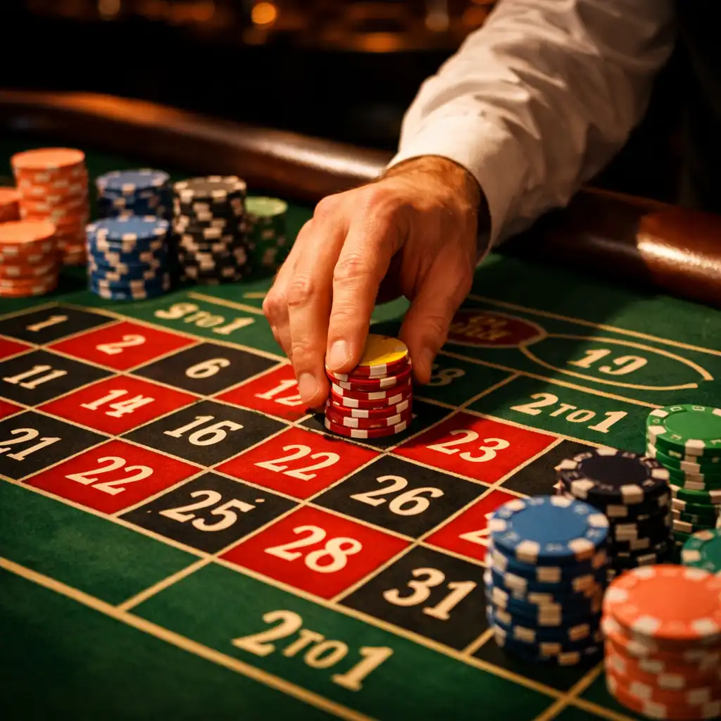 Gros plan sur le tapis de roulette avec des jetons et la main du croupier