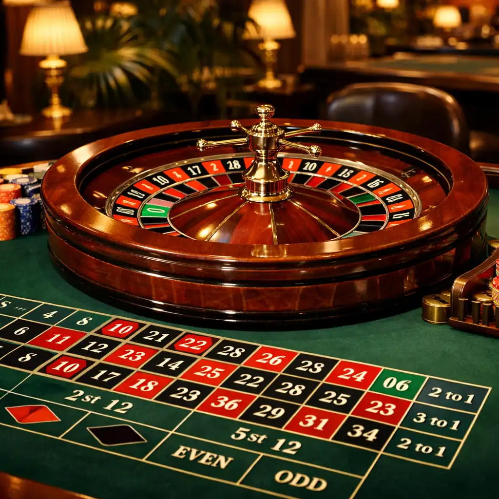 Table de roulette européenne en acajou avec tapis vert dans le Casino Lounge
