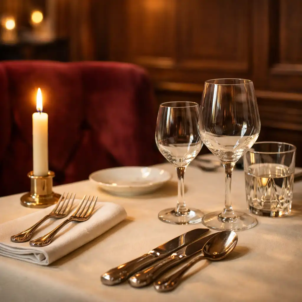 Table dressée dans la salle de restaurant avec nappe ivoire, couverts en argent et bougie allumée